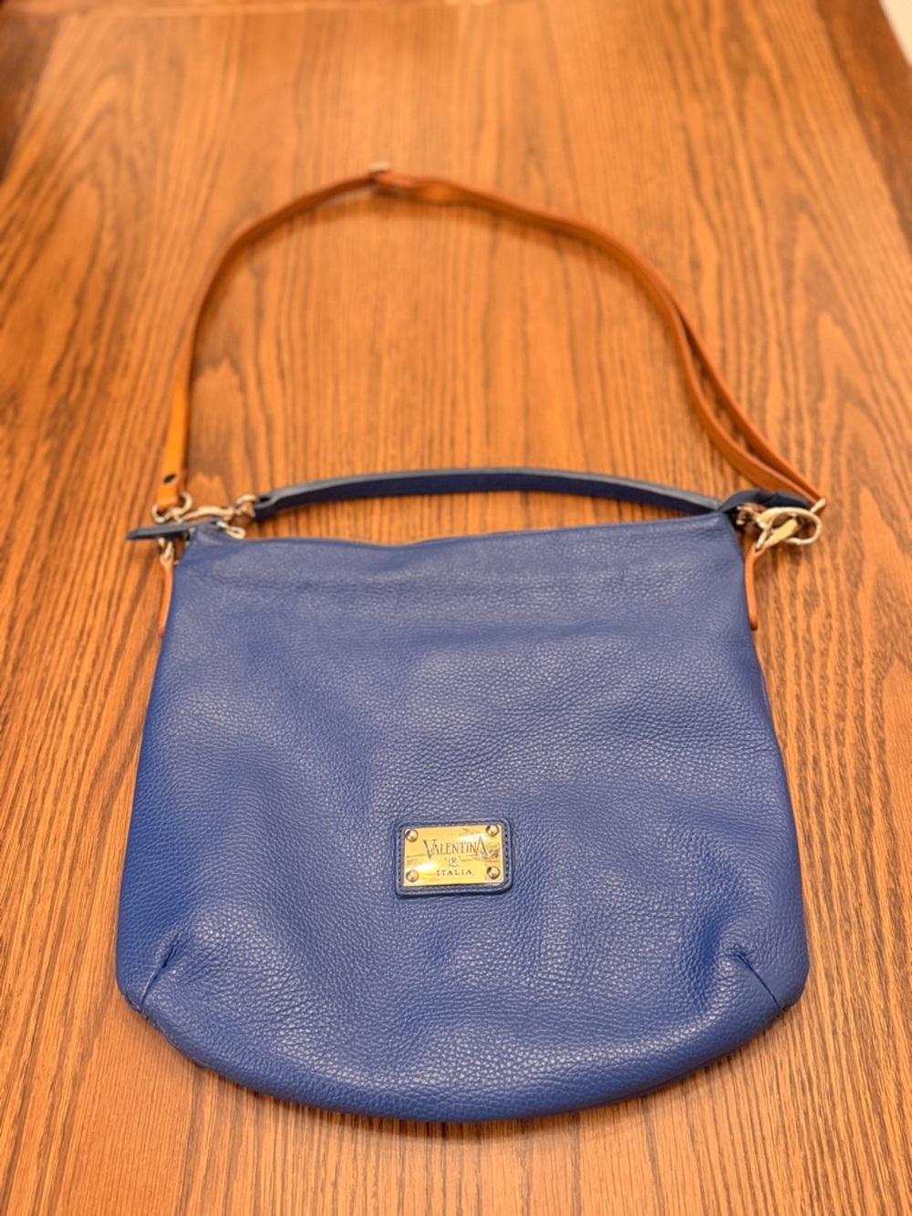 Valentino Blue Leather Crossbody with Tan Strap